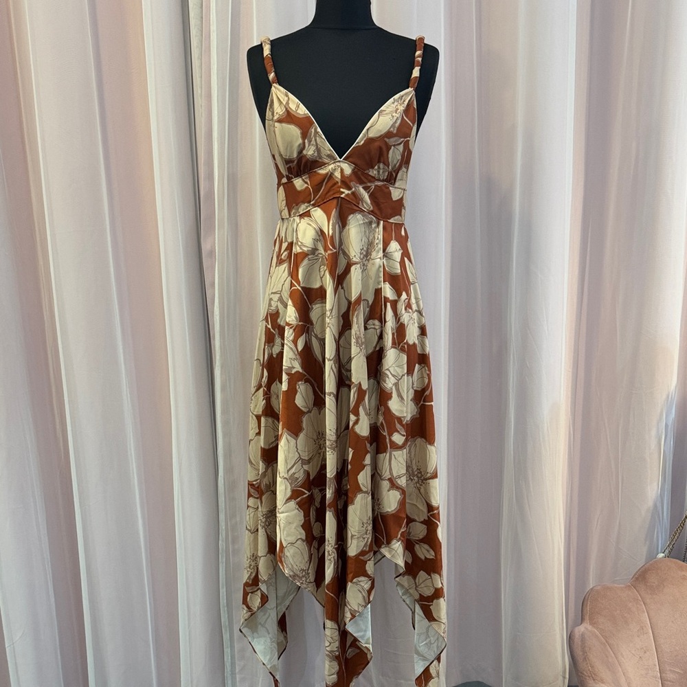 Satin Floral Brown and Cream Dress